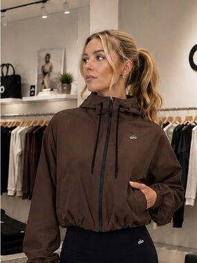 Cropped Hooded Windbreaker in Dark Brown